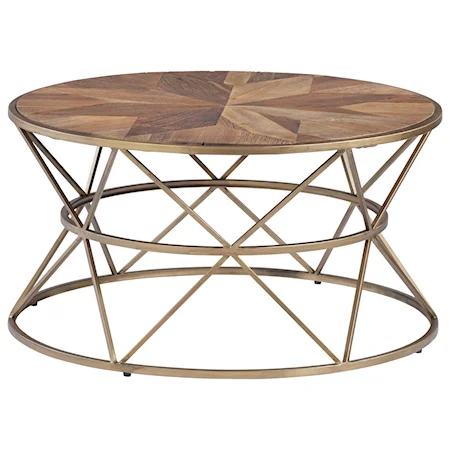 Transitional Round Cocktail Table with Brushed Gold Metal Hourglass Base